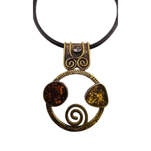 Vintage Artisan MCM Brutalist Bronze & Acrylic Pendant on Leather Necklace (A866 - Picture 1 of 6